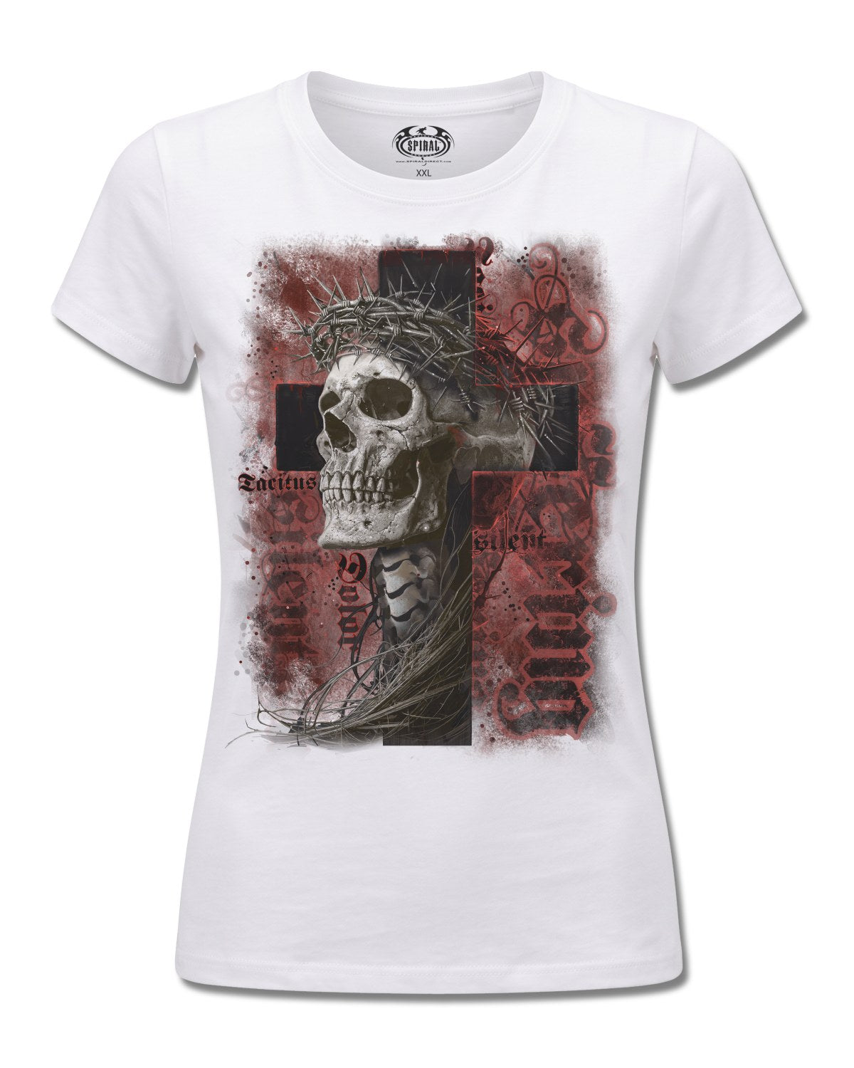 Spiral Silent Suffering design, front view on White F776, Rock Off Retail official merch