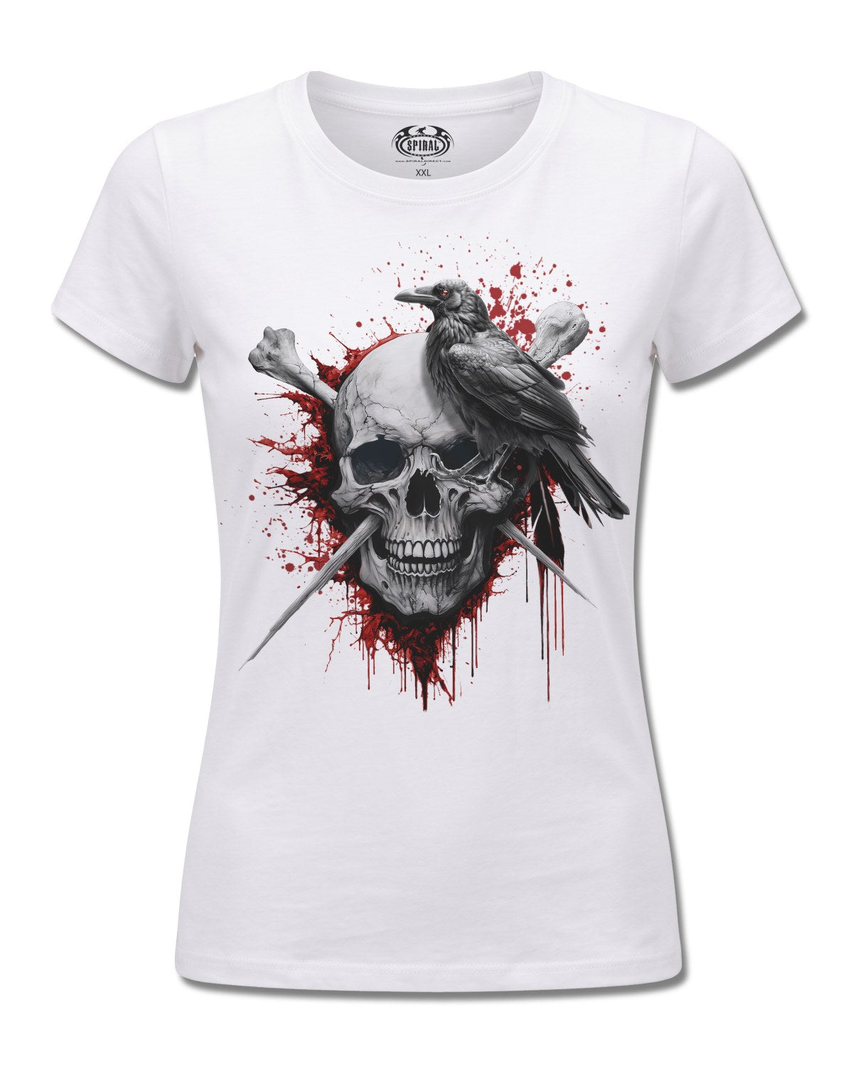 Spiral Death Raven design, front view on White F776, Rock Off Retail official merch