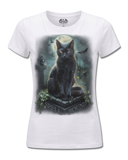 Spiral Spell Bound design, front view on White F776, Rock Off Retail official merch