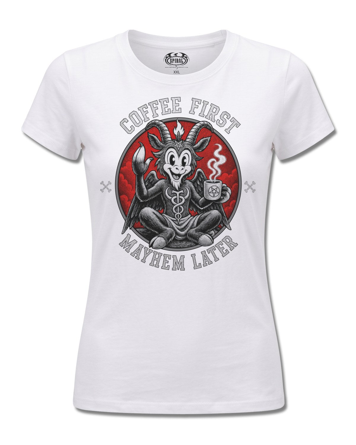 Spiral Coffee And Mayhem design, front view on White F776, Rock Off Retail official merch