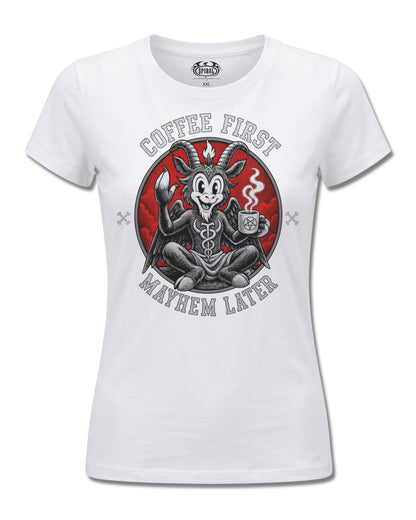 Spiral Coffee And Mayhem design, front view on White F776, Rock Off Retail official merch