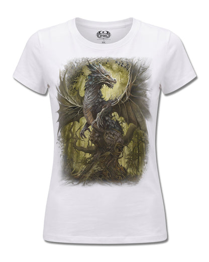 Spiral Oak Dragon design, front view on White F776, Rock Off Retail official merch