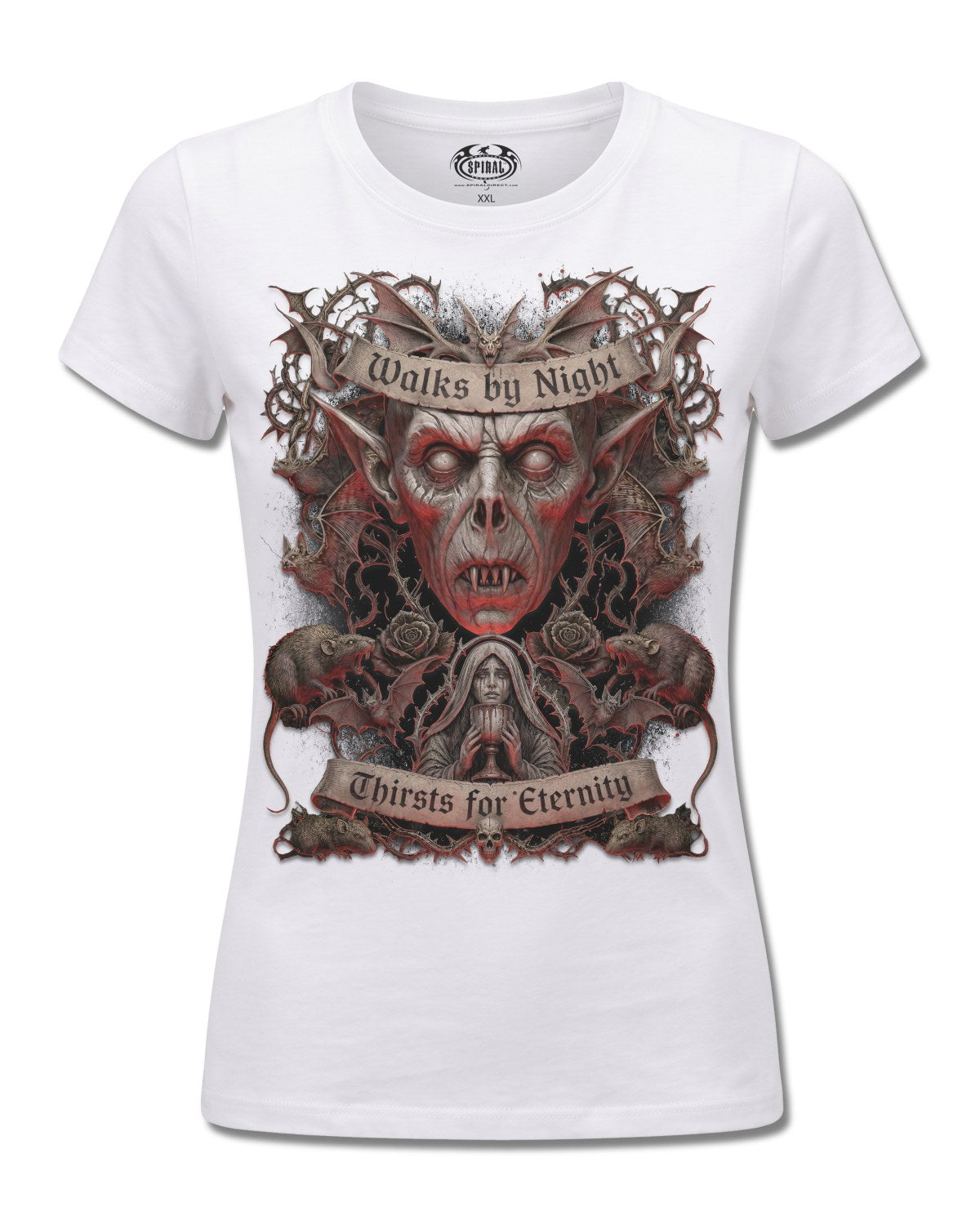 Spiral Walks By Night design, front view on White F776, Rock Off Retail official merch