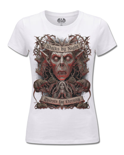 Spiral Walks By Night design, front view on White F776, Rock Off Retail official merch