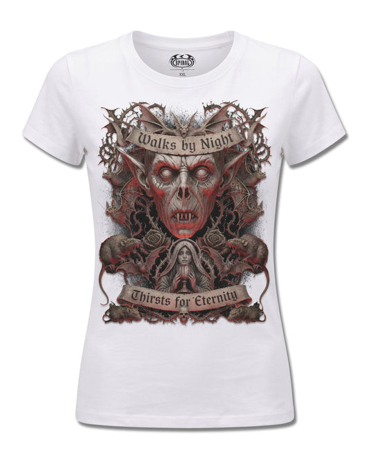 Spiral Walks By Night design, front view on White F776, Rock Off Retail official merch