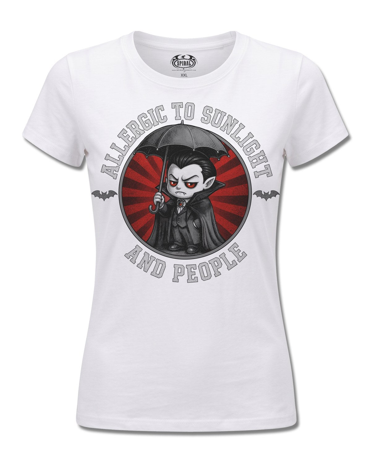 Spiral Allergies design, front view on White F776, Rock Off Retail official merch