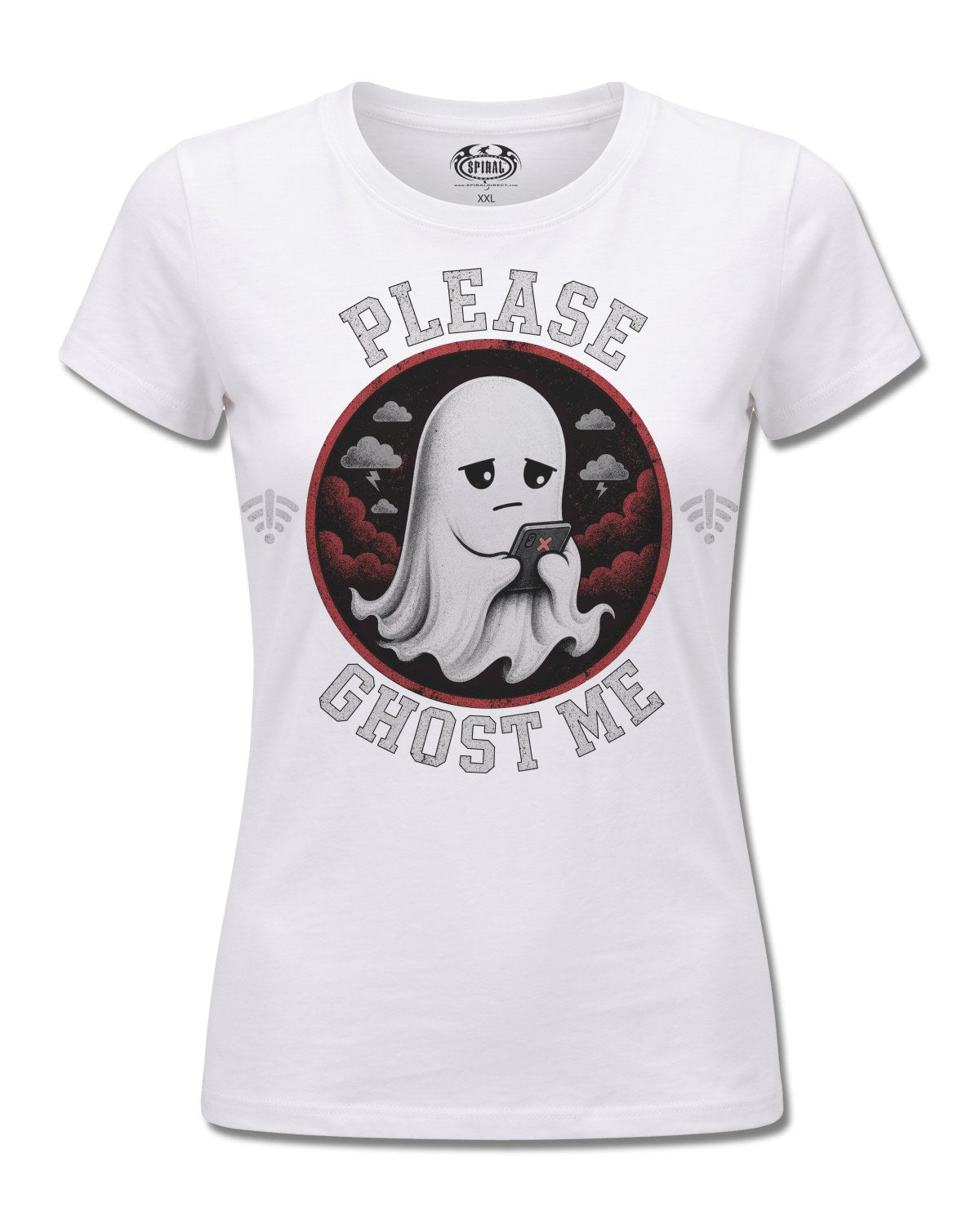Spiral Ghost Me design, front view on White F776, Rock Off Retail official merch