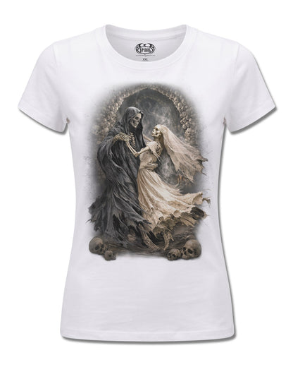 Spiral Last Dance design, front view on White F776, Rock Off Retail official merch