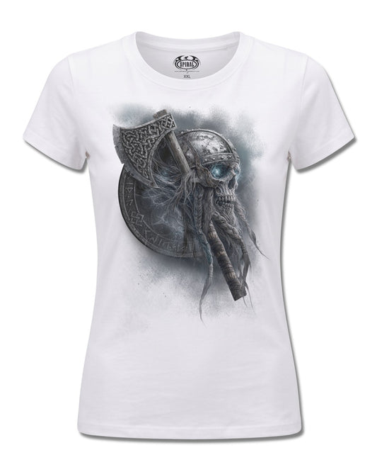 Spiral Viking Rampage design, front view on White F776, Rock Off Retail official merch