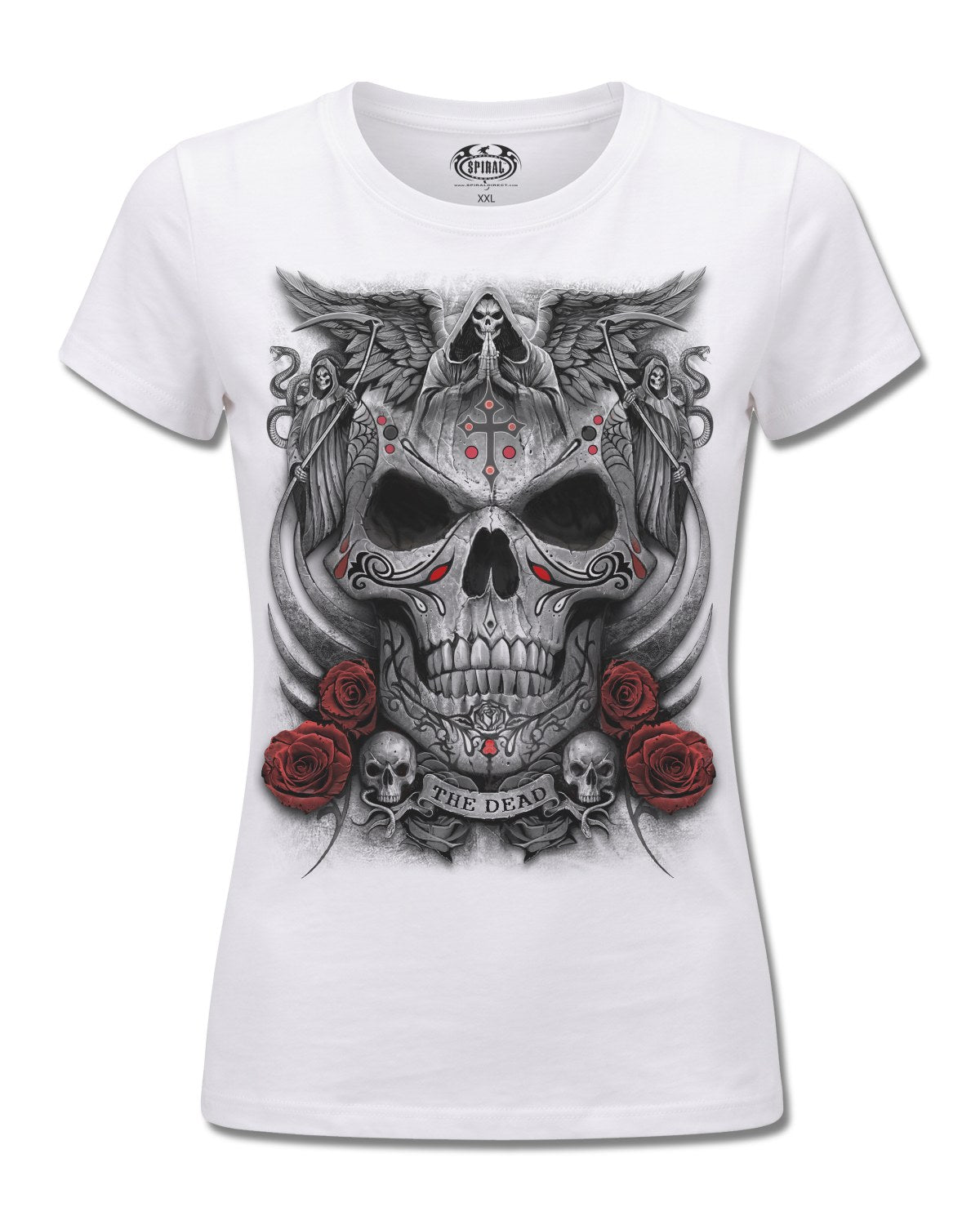 Spiral The Dead design, front view on White F776, Rock Off Retail official merch