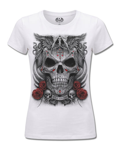 Spiral The Dead design, front view on White F776, Rock Off Retail official merch
