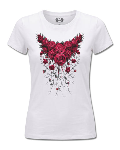 Spiral Blood Rose design, front view on White F776, Rock Off Retail official merch