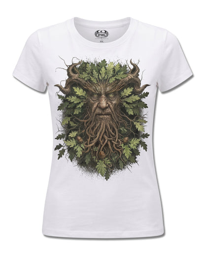 Spiral Woodland King design, front view on White F776, Rock Off Retail official merch