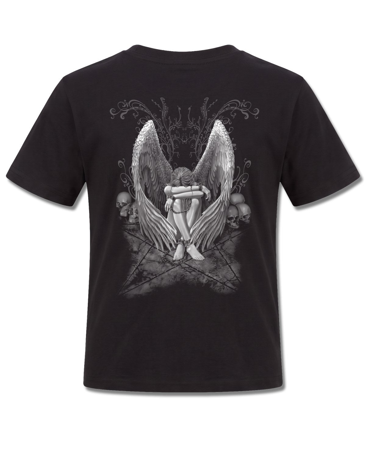 Spiral Enslaved Angel design, back view on Black K101, Rock Off Retail official merch