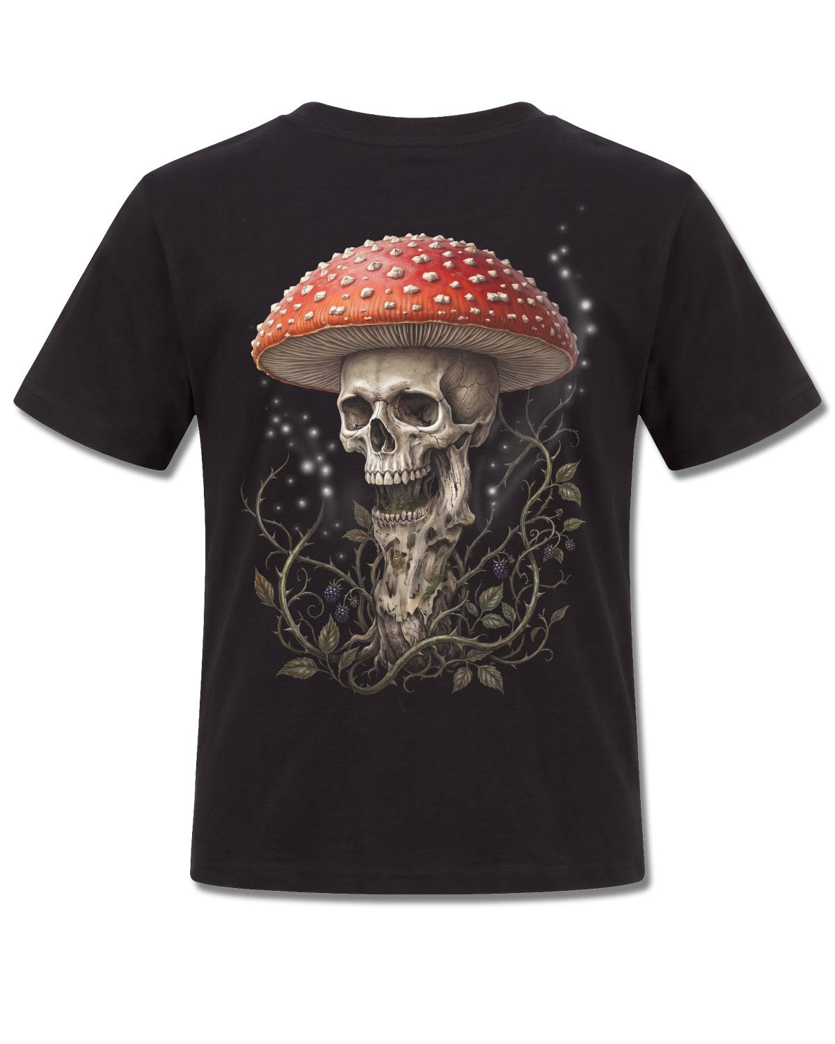 Spiral Shrooms design, back view on Black K101, Rock Off Retail official merch