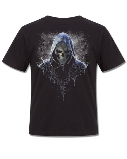 Spiral Reaping In The Rain design, back view on Black K101, Rock Off Retail official merch