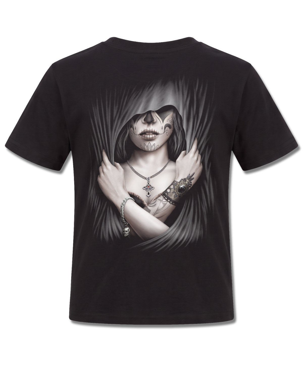 Spiral Dead Love design, back view on Black K101, Rock Off Retail official merch