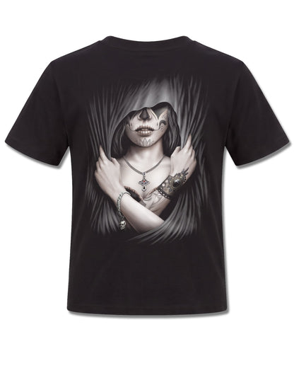 Spiral Dead Love design, back view on Black K101, Rock Off Retail official merch