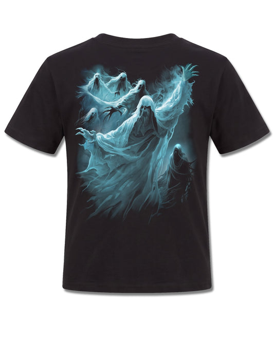 Spiral Ghost Skull design, back view on Black K101, Rock Off Retail official merch