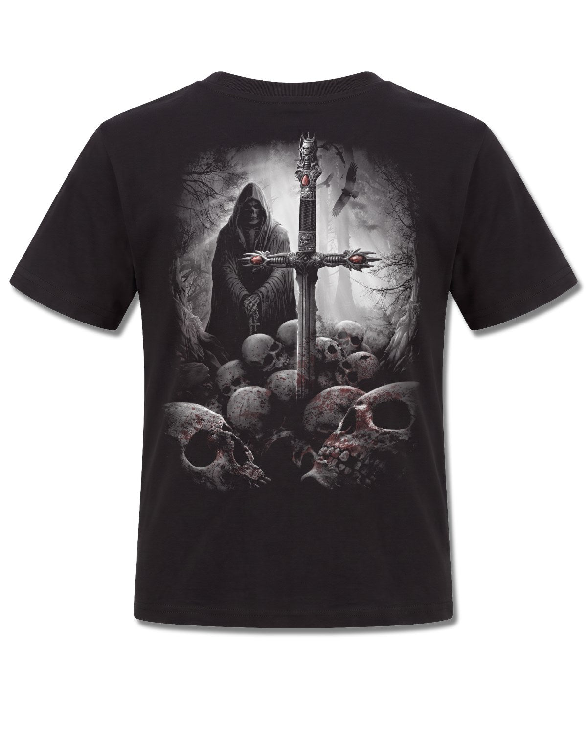 Spiral Soul Searcher design, back view on Black K101, Rock Off Retail official merch