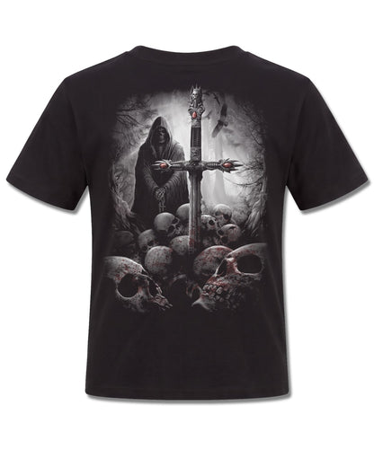 Spiral Soul Searcher design, back view on Black K101, Rock Off Retail official merch