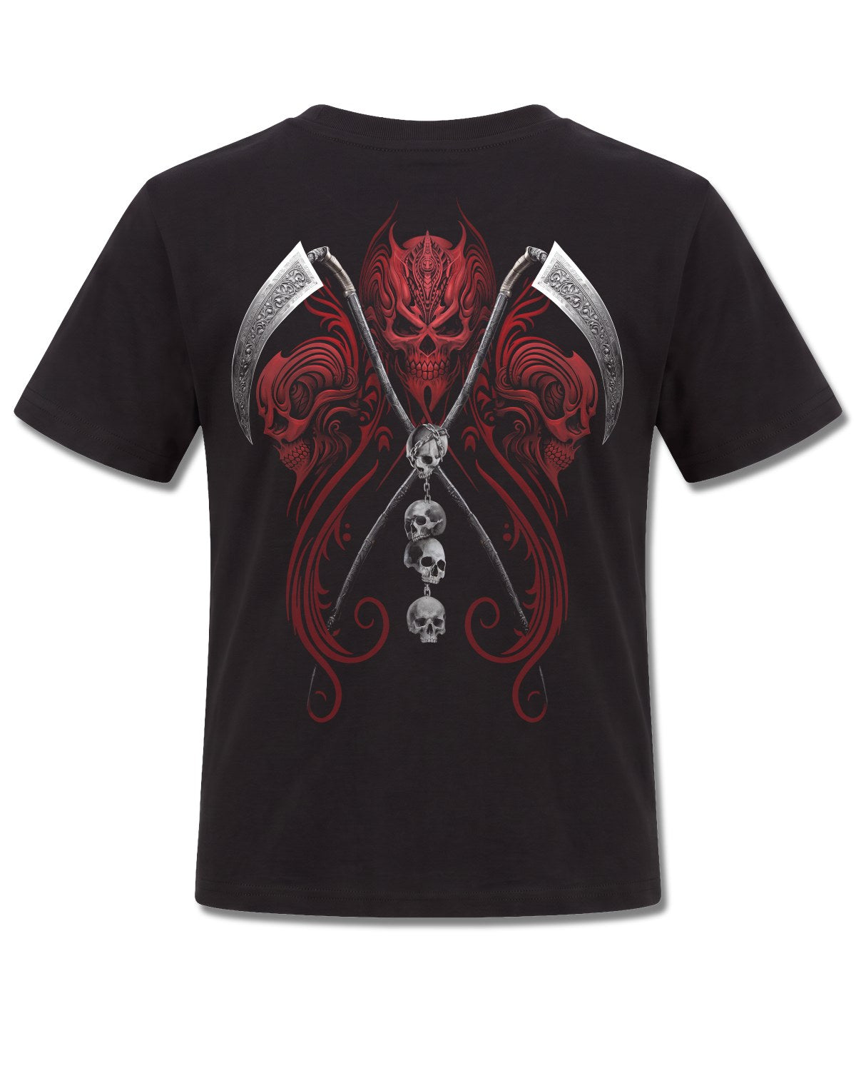 Spiral Reaperess design, back view on Black K101, Rock Off Retail official merch