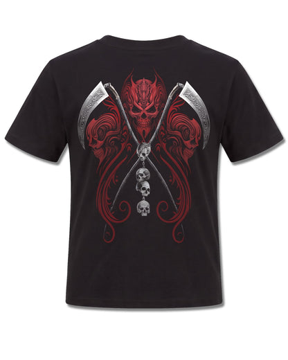 Spiral Reaperess design, back view on Black K101, Rock Off Retail official merch