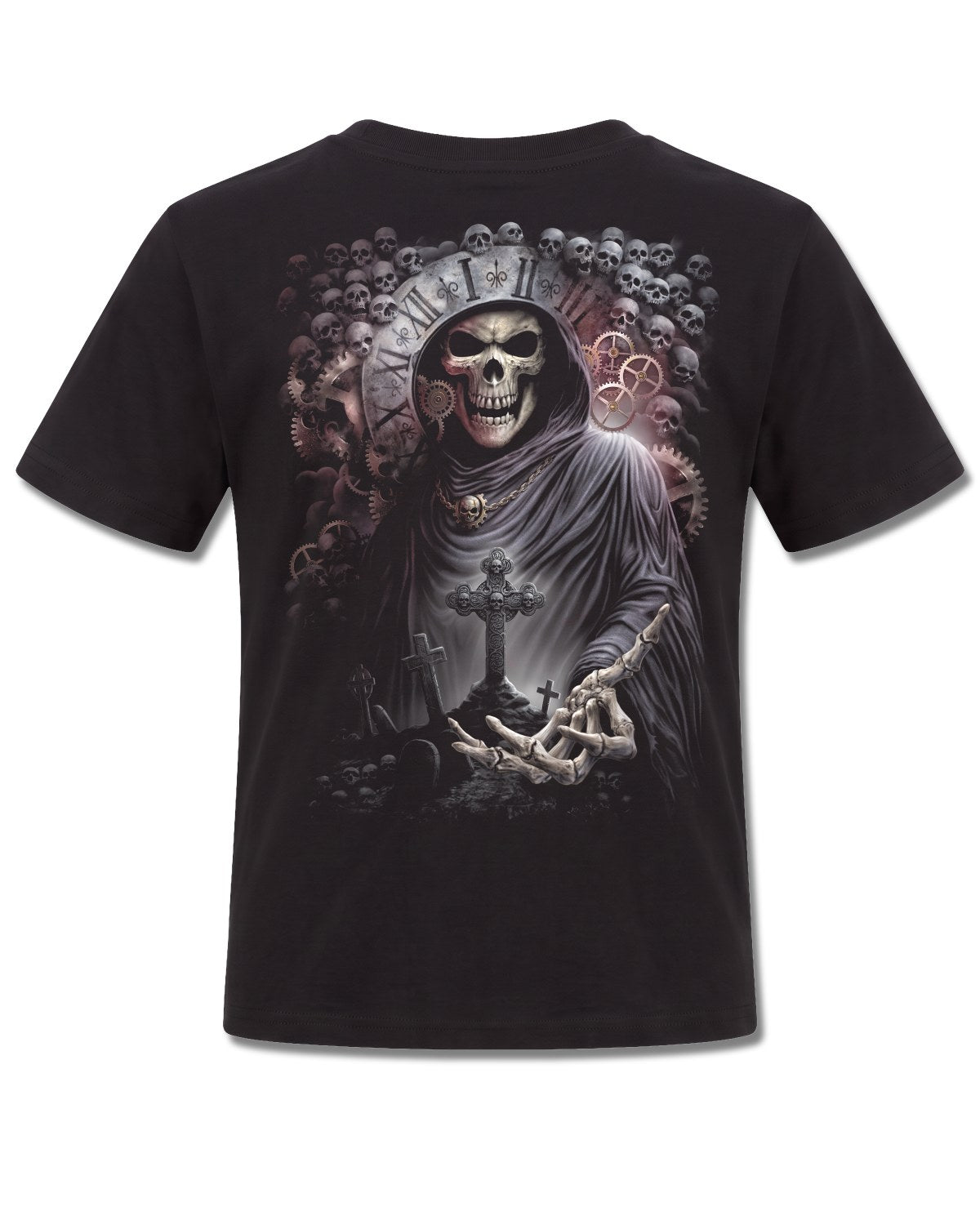 Spiral Reaper Time design, back view on Black K101, Rock Off Retail official merch