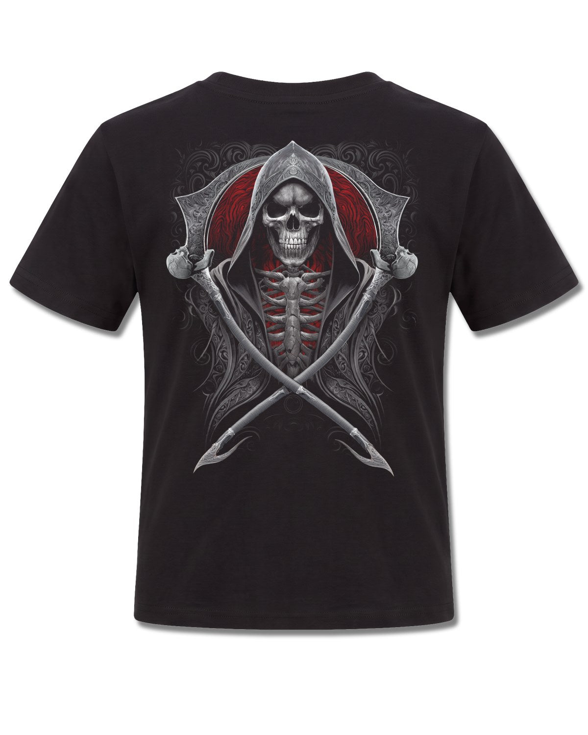 Spiral Reaper's Portal design, back view on Black K101, Rock Off Retail official merch