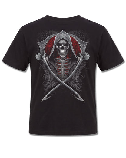 Spiral Reaper's Portal design, back view on Black K101, Rock Off Retail official merch