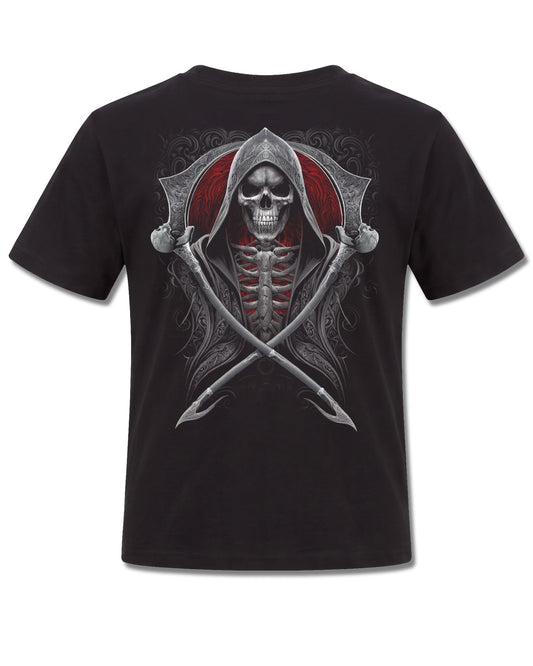 Spiral Reaper's Portal design, back view on Black K101, Rock Off Retail official merch