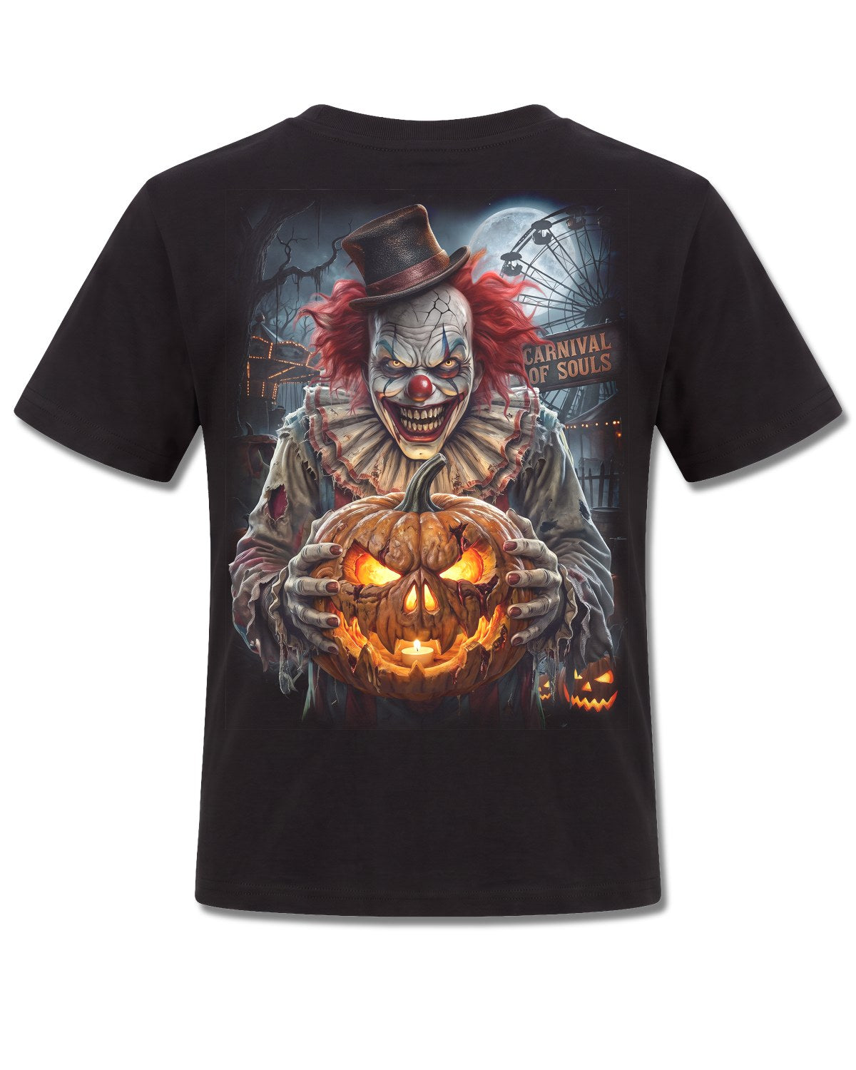 Spiral Carnival Of Souls design, back view on Black K101, Rock Off Retail official merch