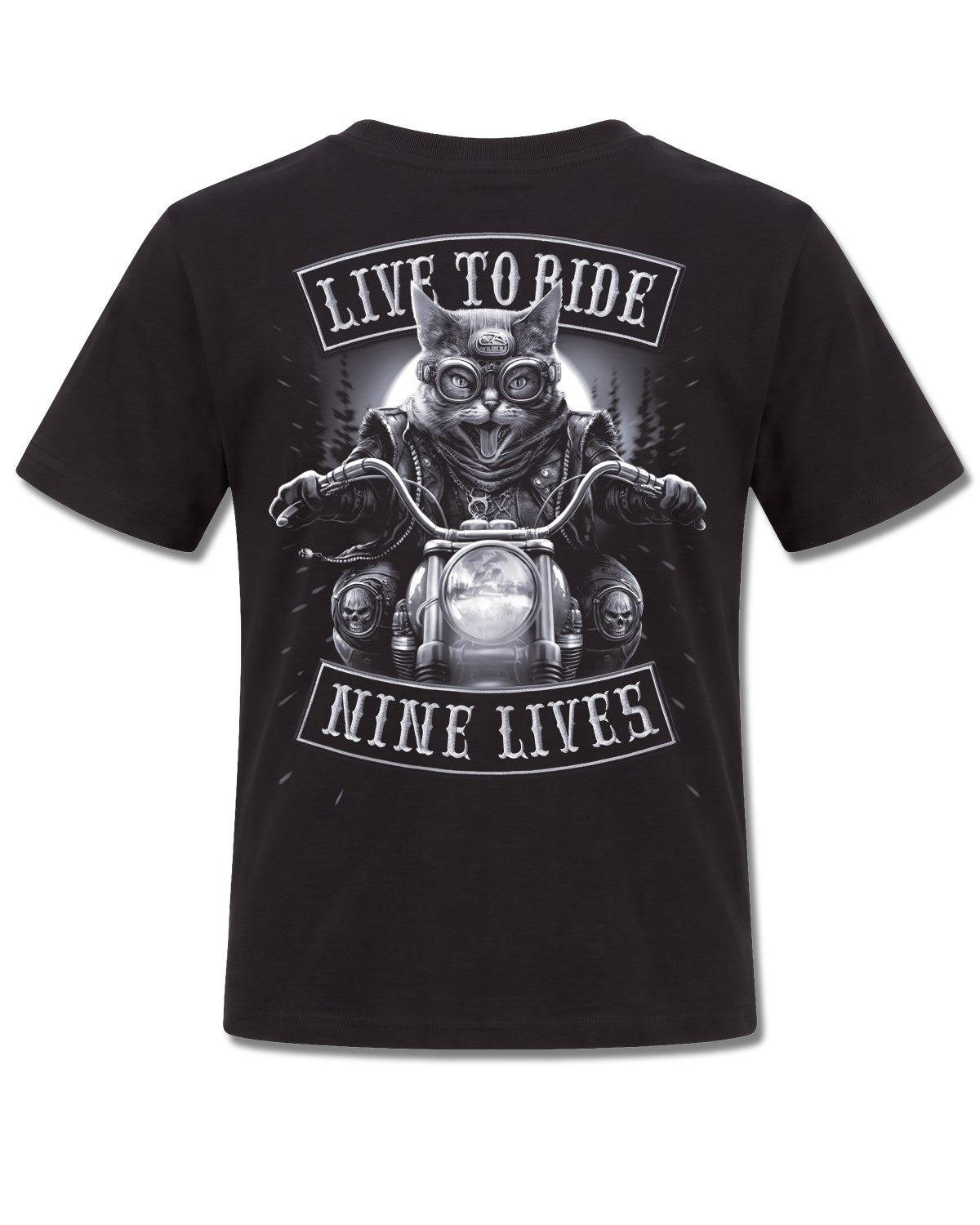 Spiral Nine Lives design, back view on Black K101, Rock Off Retail official merch