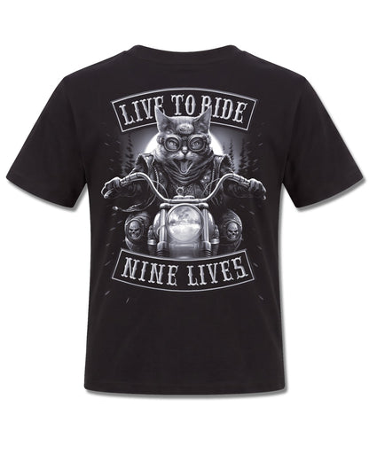 Spiral Nine Lives design, back view on Black K101, Rock Off Retail official merch