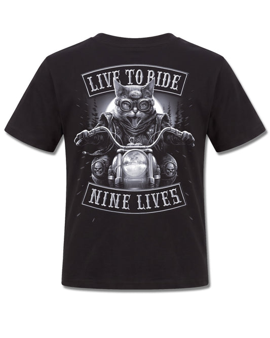 Spiral Nine Lives design, back view on Black K101, Rock Off Retail official merch