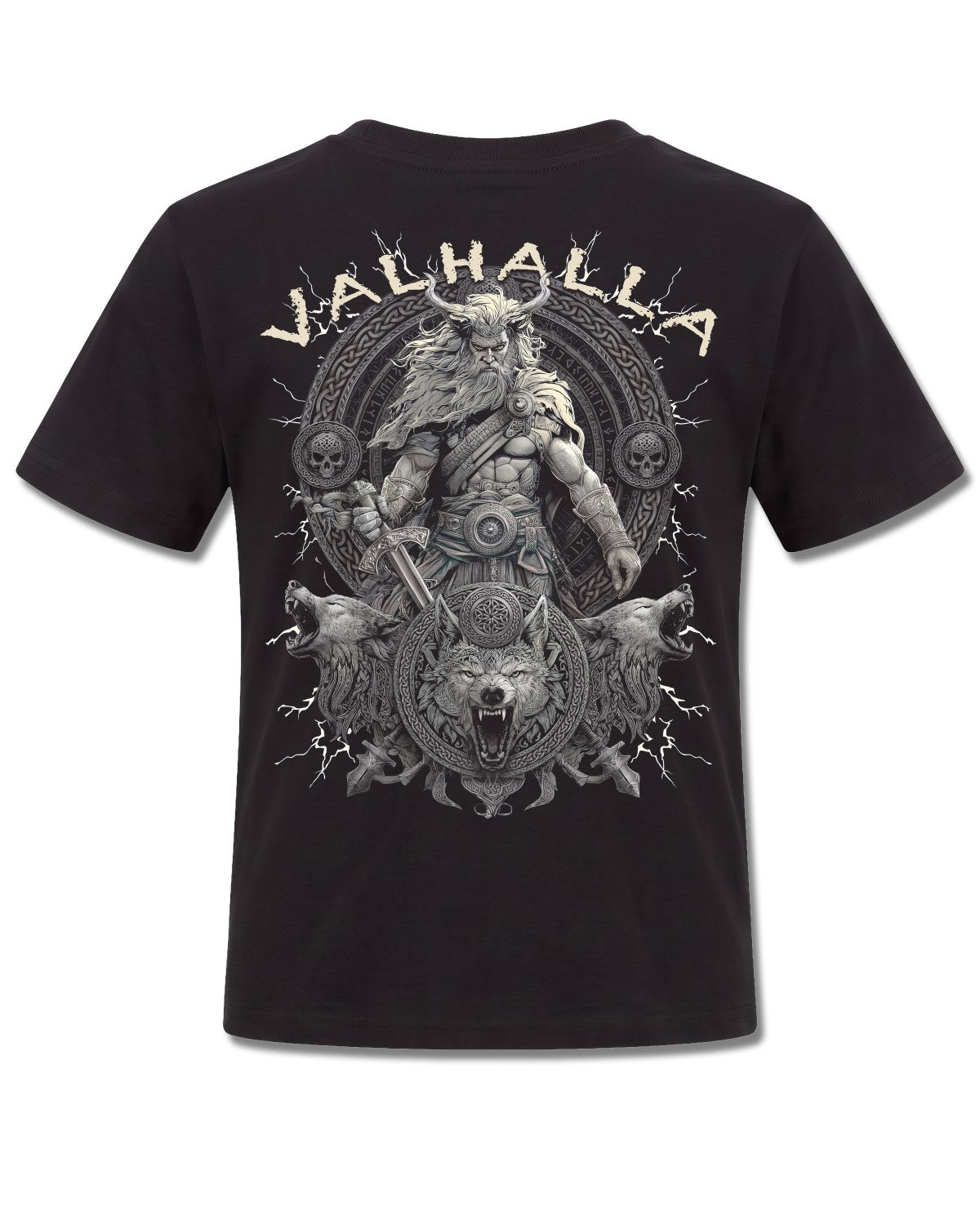 Spiral Valhalla design, back view on Black K101, Rock Off Retail official merch