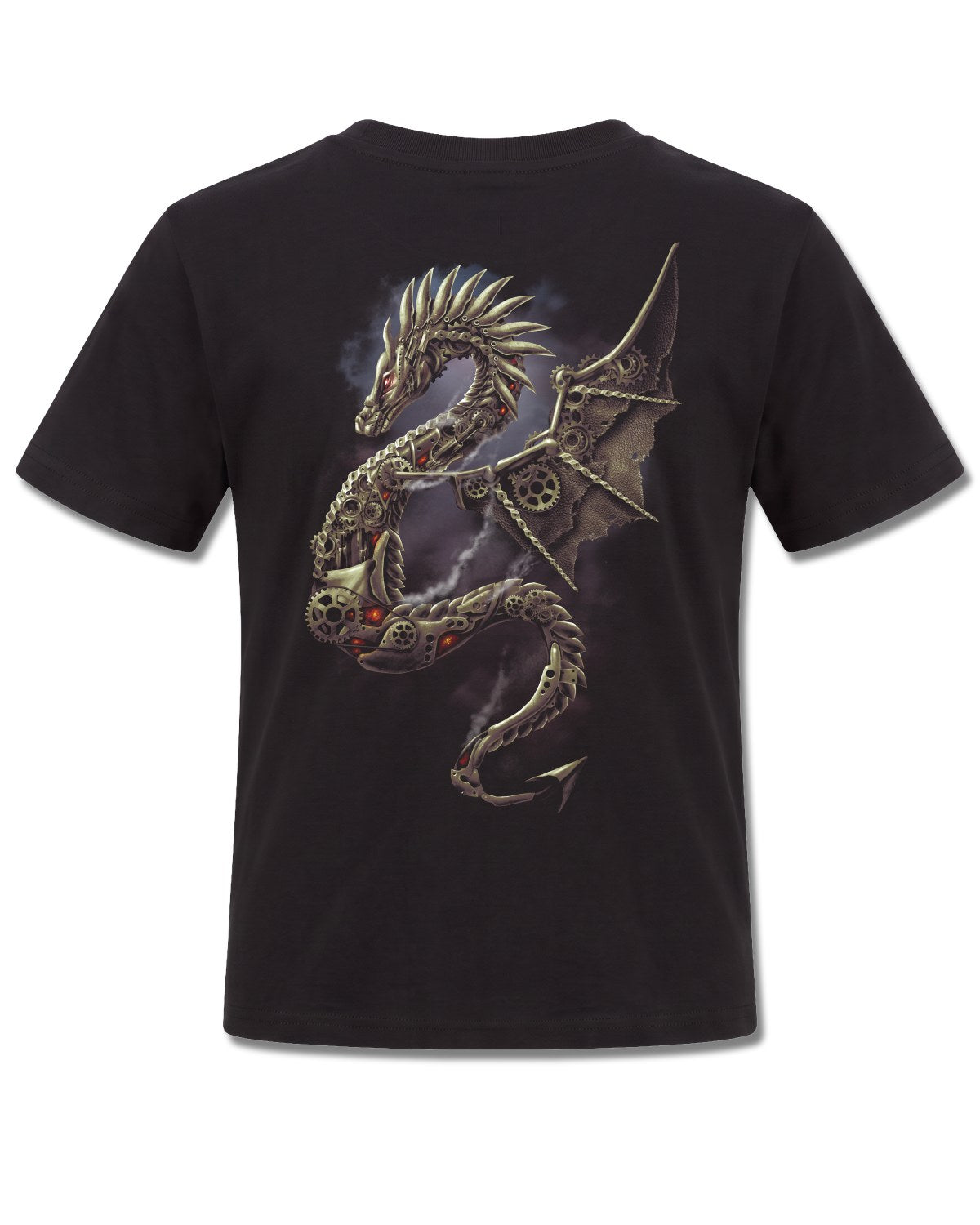 Spiral Dragon Cogs design, back view on Black K101, Rock Off Retail official merch