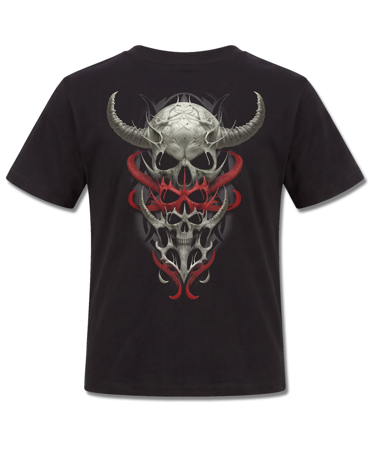Spiral Skull Synthesis design, back view on Black K101, Rock Off Retail official merch