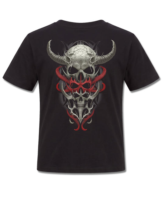 Spiral Skull Synthesis design, back view on Black K101, Rock Off Retail official merch