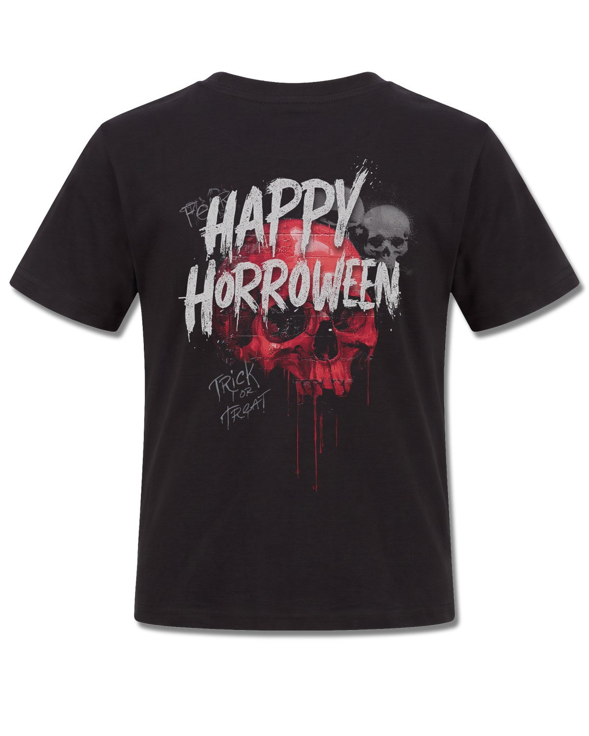 Spiral Happy Horroween design, back view on Black K101, Rock Off Retail official merch