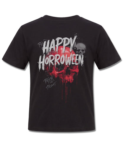 Spiral Happy Horroween design, back view on Black K101, Rock Off Retail official merch