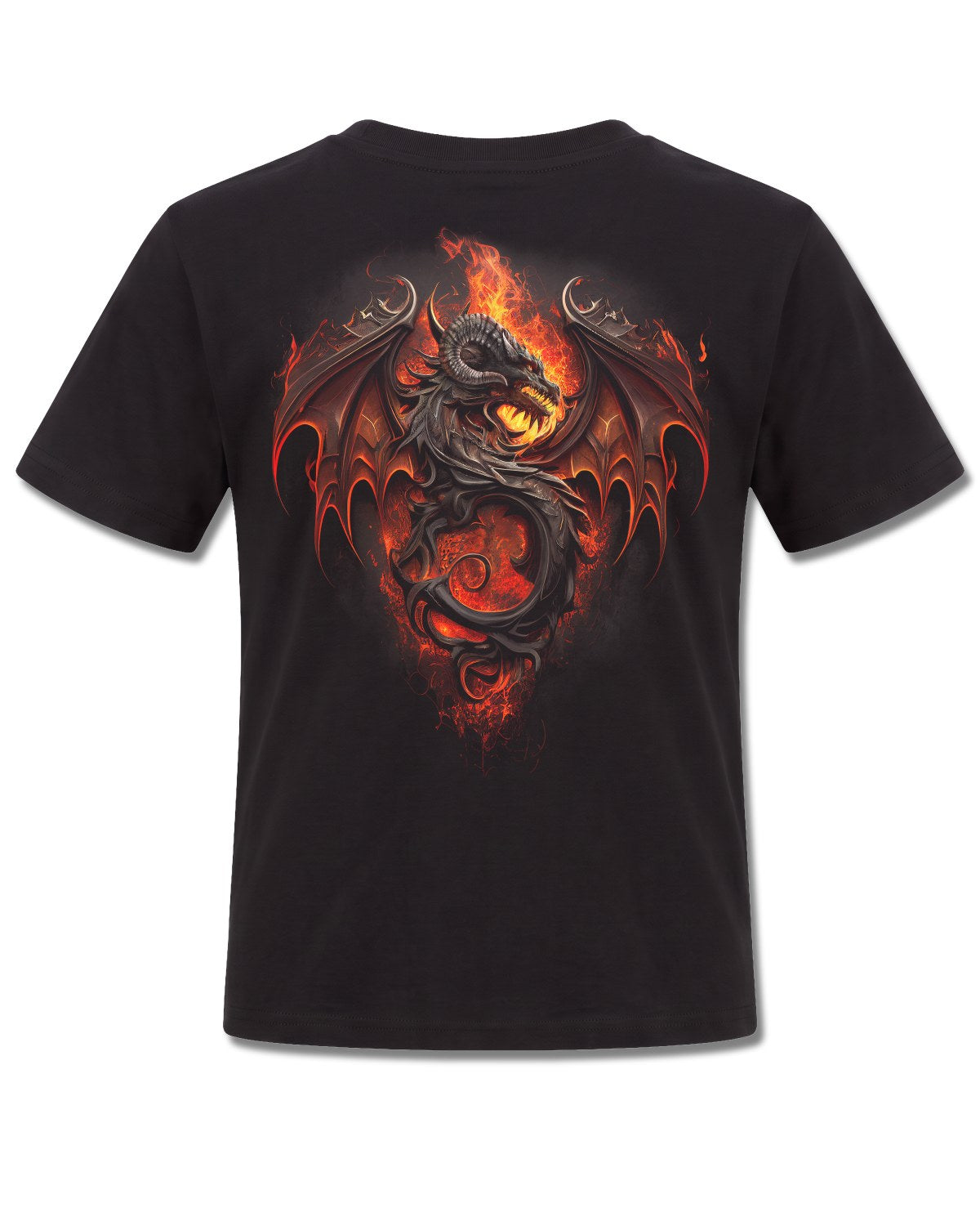 Spiral Infernal Duel design, back view on Black K101, Rock Off Retail official merch