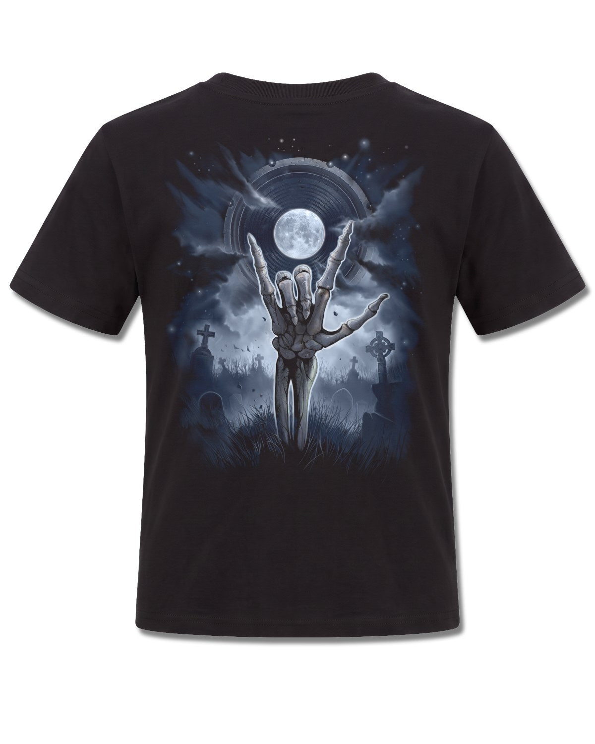 Spiral Grim Rocker design, back view on Black K101, Rock Off Retail official merch