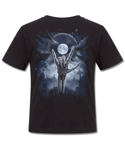 Spiral Grim Rocker design, back view on Black K101, Rock Off Retail official merch