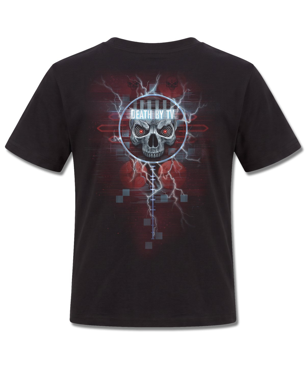 Spiral Death By TV design, back view on Black K101, Rock Off Retail official merch