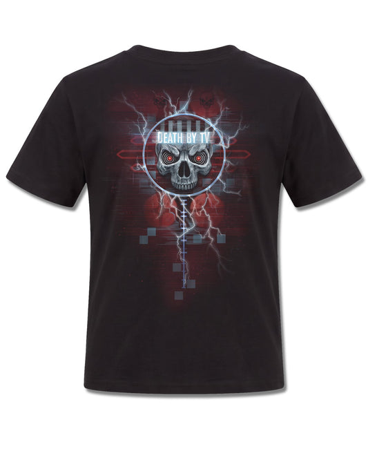 Spiral Death By TV design, back view on Black K101, Rock Off Retail official merch