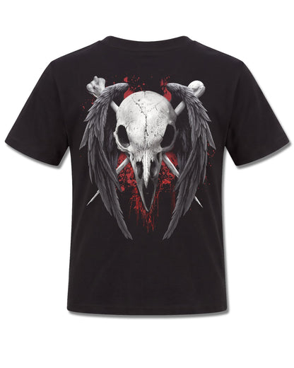 Spiral Death Raven design, back view on Black K101, Rock Off Retail official merch