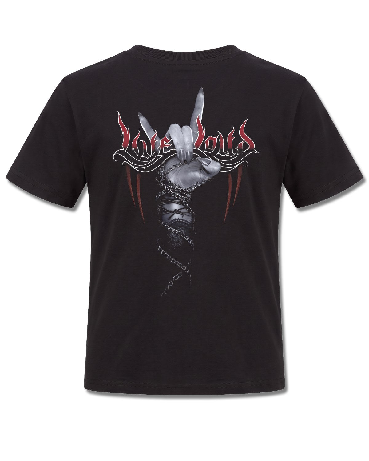Spiral Rock Loud design, back view on Black K101, Rock Off Retail official merch