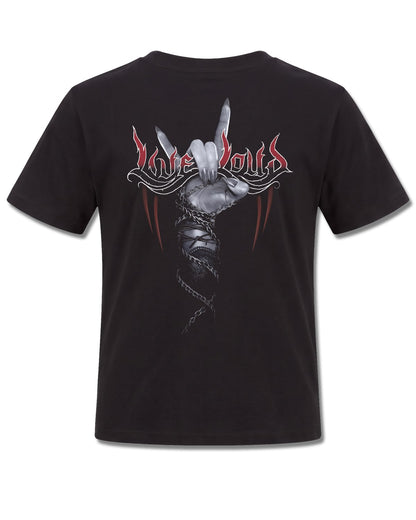 Spiral Rock Loud design, back view on Black K101, Rock Off Retail official merch