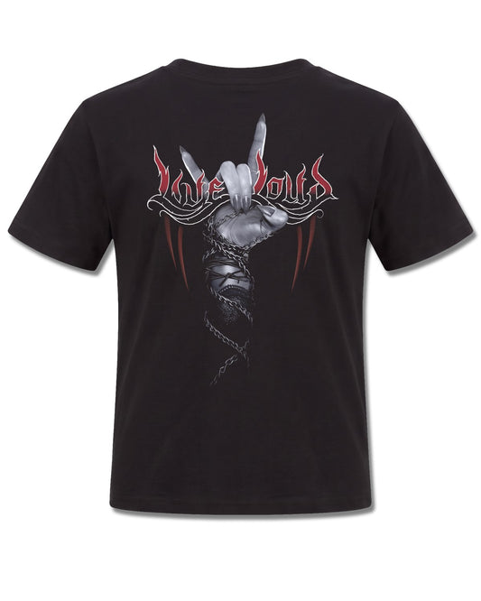 Spiral Rock Loud design, back view on Black K101, Rock Off Retail official merch